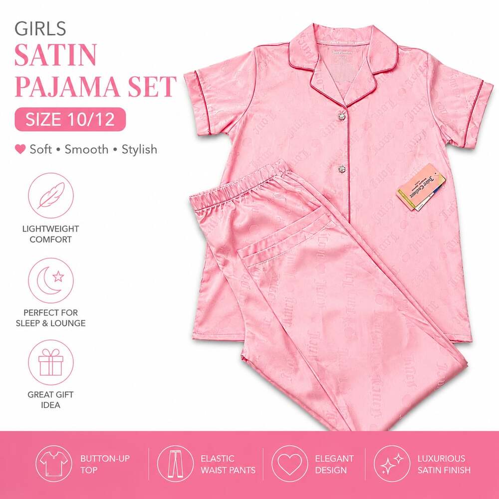 Short Sleeve Satin Collar PJ Set in Light Pink - 10/12